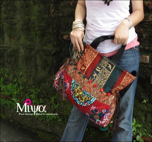 Miyabags II-01 "Datura" Enthic Boho Hmong Embroidered Canvas Shoulder Tote Messenger Bag