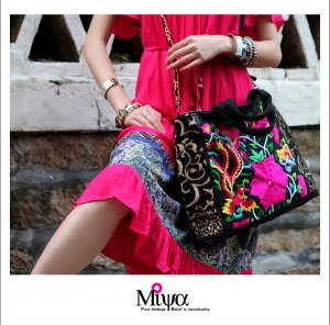 Miya SE-15 "Vivid" Ethnic Double-sided Embroidery Canvas Shoulde Tote Bag Handbag Purse