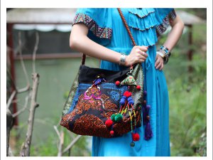 Miya SE-12 "Flower Valley" Ethnic Hand Embroidered Denim Shoulder Tote Handbag New