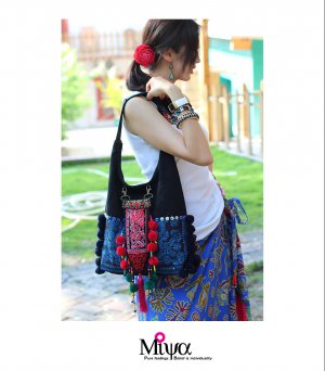 Miya SE-08 "Green Flower Porcelain" Ethnic Embroidered Canvas Female Shoulder Tote Handbag New