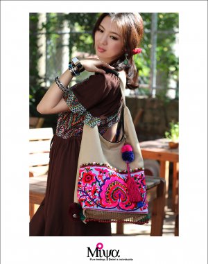 Miya SE-06 "Tender Love" Ethnic Hand-Beaded Handmade Canvas Shoulder Tote Bag