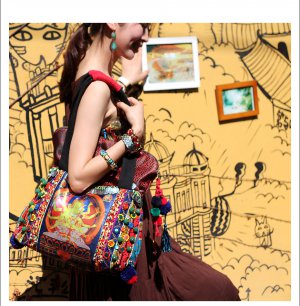 Miya SE-05 "Brahma Secret " Ethnic Indian Style Hand-Beaded Handmade Canvas Shoulder Bag