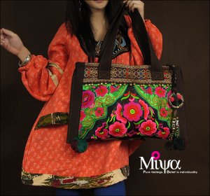 Miyabags DE-07 "Green" Ethnic Vintage Style Embroidered Shoulder Bag Tote Bookbag