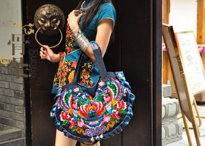 Guduo 2011 - 06 " Lotus Blue" Ethnic Stylish Embroidery Denim Messenger Shoulder Tote Bag