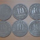 GERMANY SIX COINS LOT OF 10 PFENNIG 1917-1922 RARE VF-XF NO RESERVE