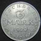GERMANY 3 MARK ALU COIN 1922 J WEIMAR TIME RARE COIN aUNC