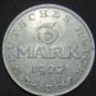 GERMANY 3 MARK ALU COIN 1922 J WEIMAR TIME RARE COIN aUNC