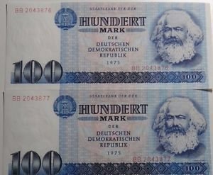 GERMANY 2X100 MARK DDR BANKNOTES 1975 UNC CONDITION IN CONSECUTIVE ORDER RARE