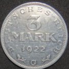 GERMANY 3 MARK ALU COIN 1922 G WEIMAR TIME RARE COIN aUNC