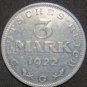 GERMANY 3 MARK ALU COIN 1922 G WEIMAR TIME RARE COIN aUNC