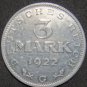 GERMANY 3 MARK ALU COIN 1922 G WEIMAR TIME RARE COIN aUNC