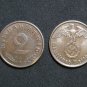 GERMANY 2 PFENNIG COIN 1940 A FROM NAZI THIRD REICH TIME RRARE