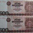 GERMANY 2X500 MARK BANKNOTES 1985 ZA REPLACEMENT DDR UNC CONDITION CONSECUTIVE