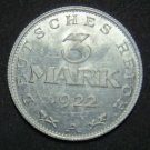 GERMANY 3 MARK ALU COIN 1922 A WEIMAR TIME RARE COIN aUNC