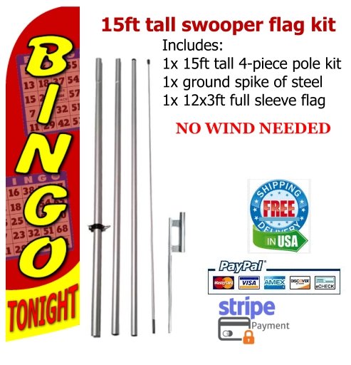 Bingo tonight flag kit full sleeve swooper flag banner 15ft tall red yellow black