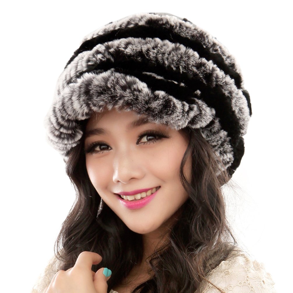 URSFUR Fashion Women's Real Rex Rabbit Fur Peaked Caps Hats Spiral,Grey & Black