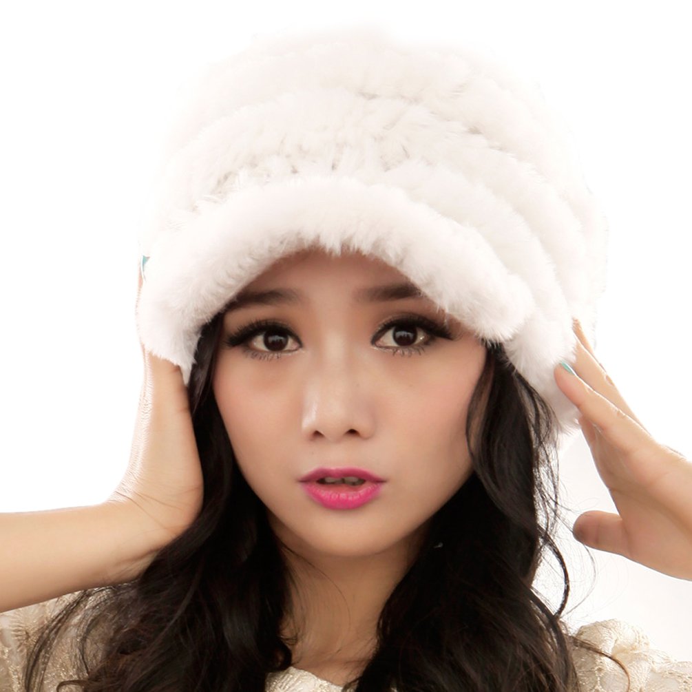 URSFUR Fashion Women's Real Rex Rabbit Fur Peaked Caps Hats Spiral,White
