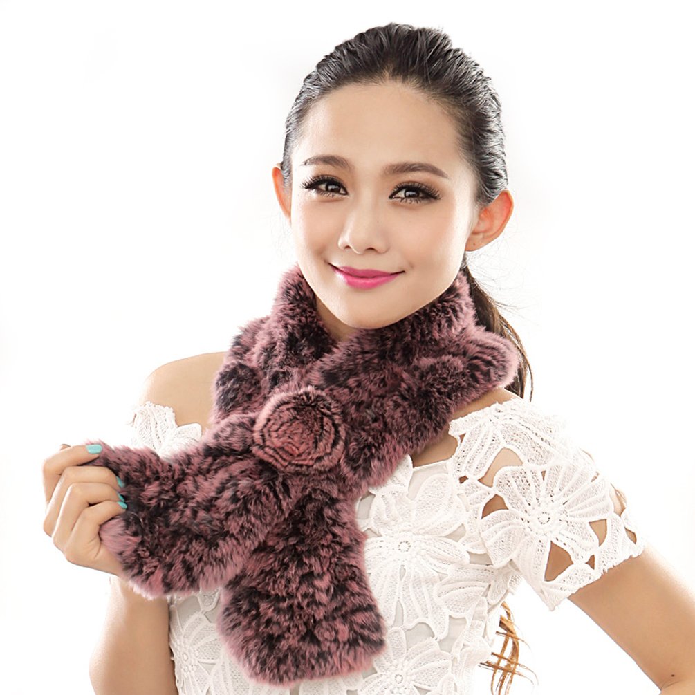URSFUR Warm Women's Rex Rabbit Fur Scarves Scarf with Flower Multicolor (pink)