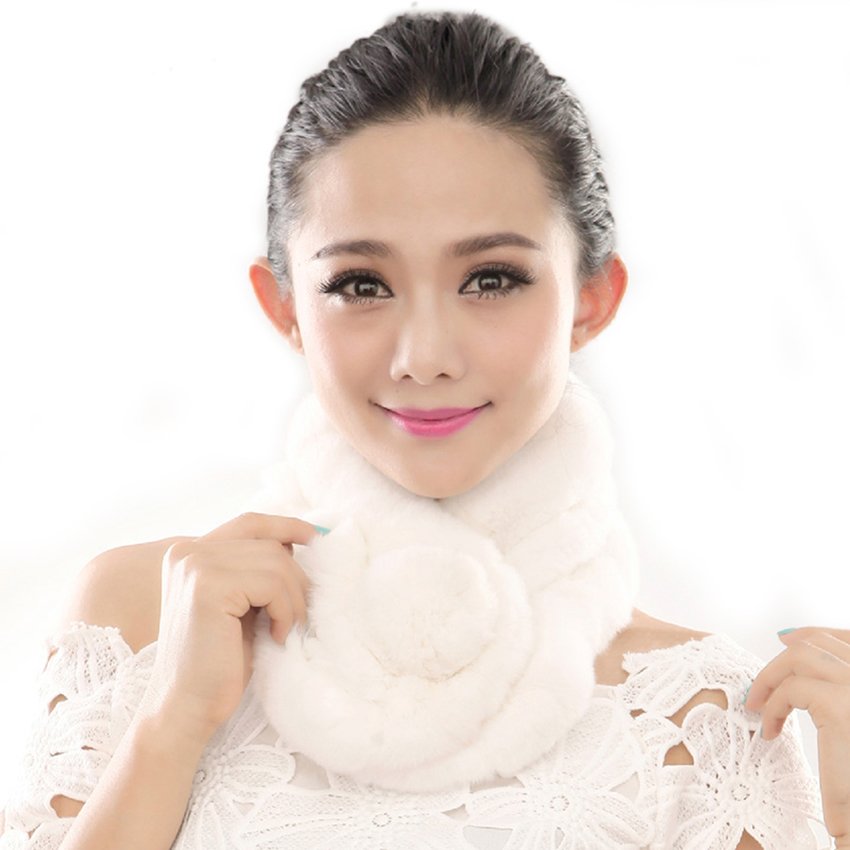 URSFUR Warm Women's Rex Rabbit Fur Scarves Scarf Multicolor (White)