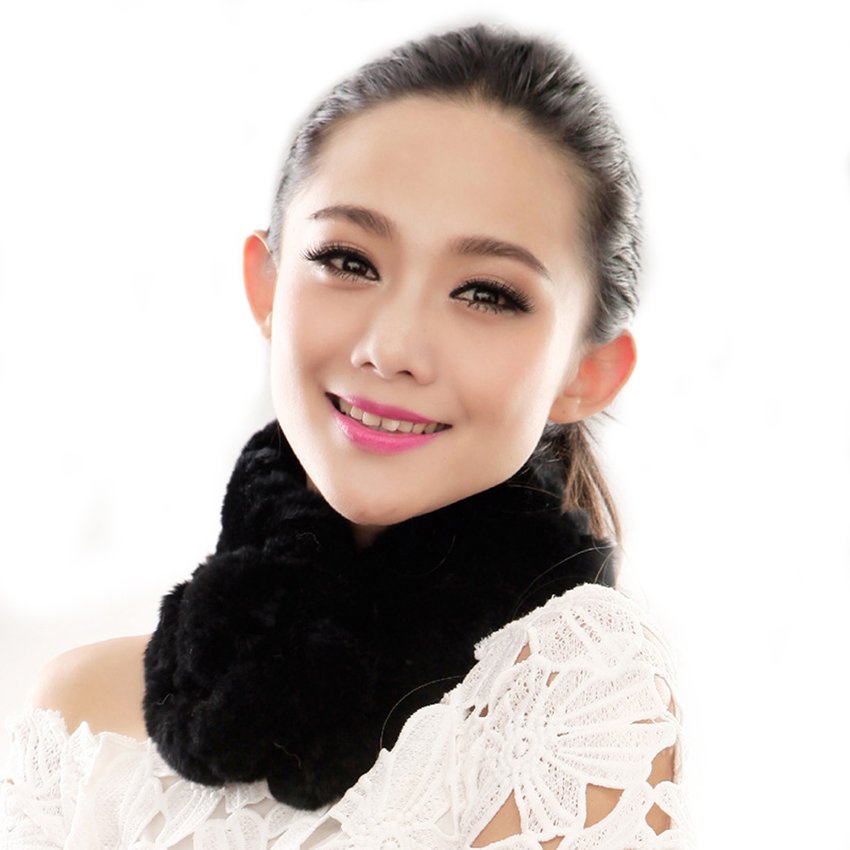 URSFUR Warm Women's Rex Rabbit Fur Scarves Scarf Multicolor (Black)
