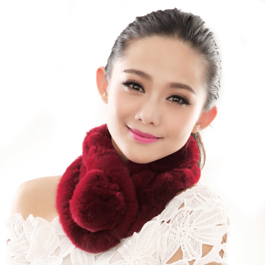 URSFUR Warm Women's Rex Rabbit Fur Scarves Scarf Multicolor (Burgundy)