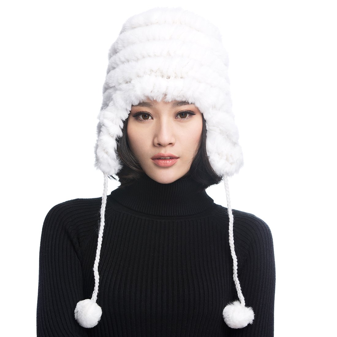 URSFUR Women's Rex Rabbit Fur Hats Winter Ear Cap Flexible Multicolor (White)