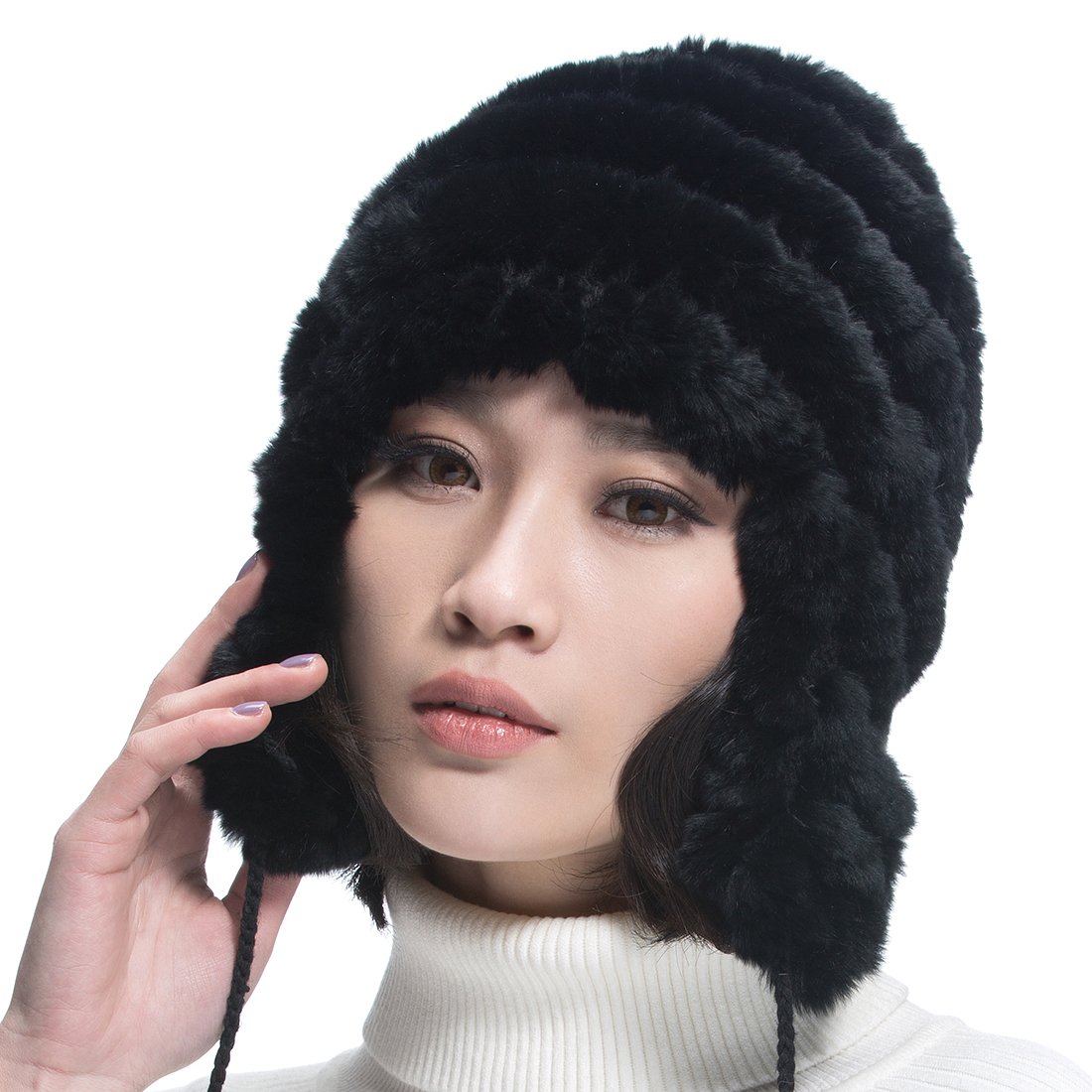 URSFUR Women's Rex Rabbit Fur Hats Winter Ear Cap Flexible Multicolor (Black)