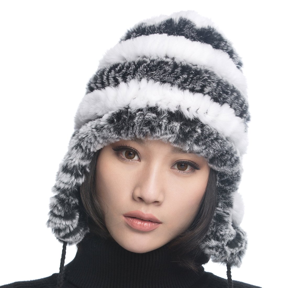 URSFUR Women's Rex Rabbit Fur Hats Winter Ear Cap Flexible Multicolor (Grey & White)