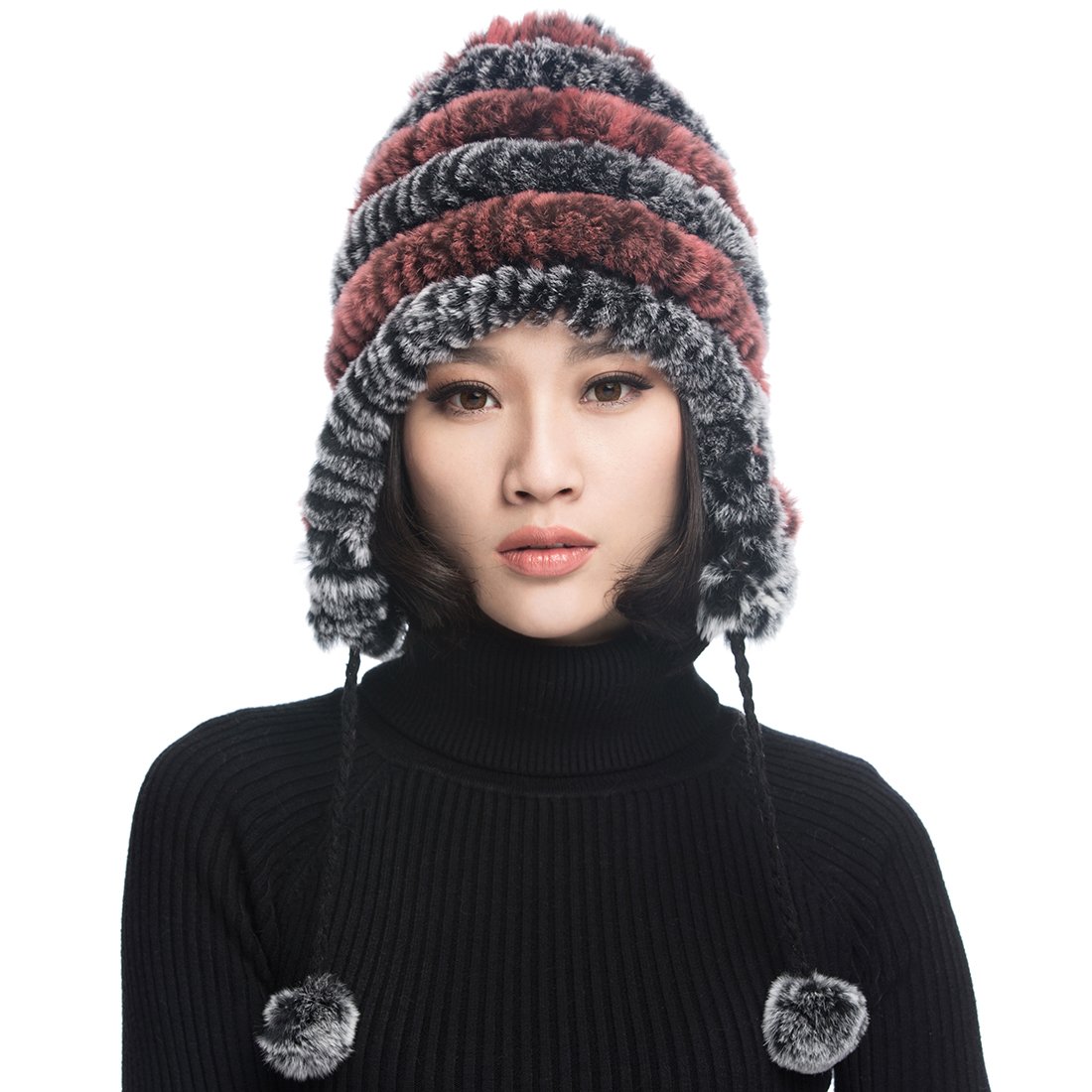 URSFUR Women's Rex Rabbit Fur Hats Winter Ear Cap Flexible Multicolor (Grey & Pink)