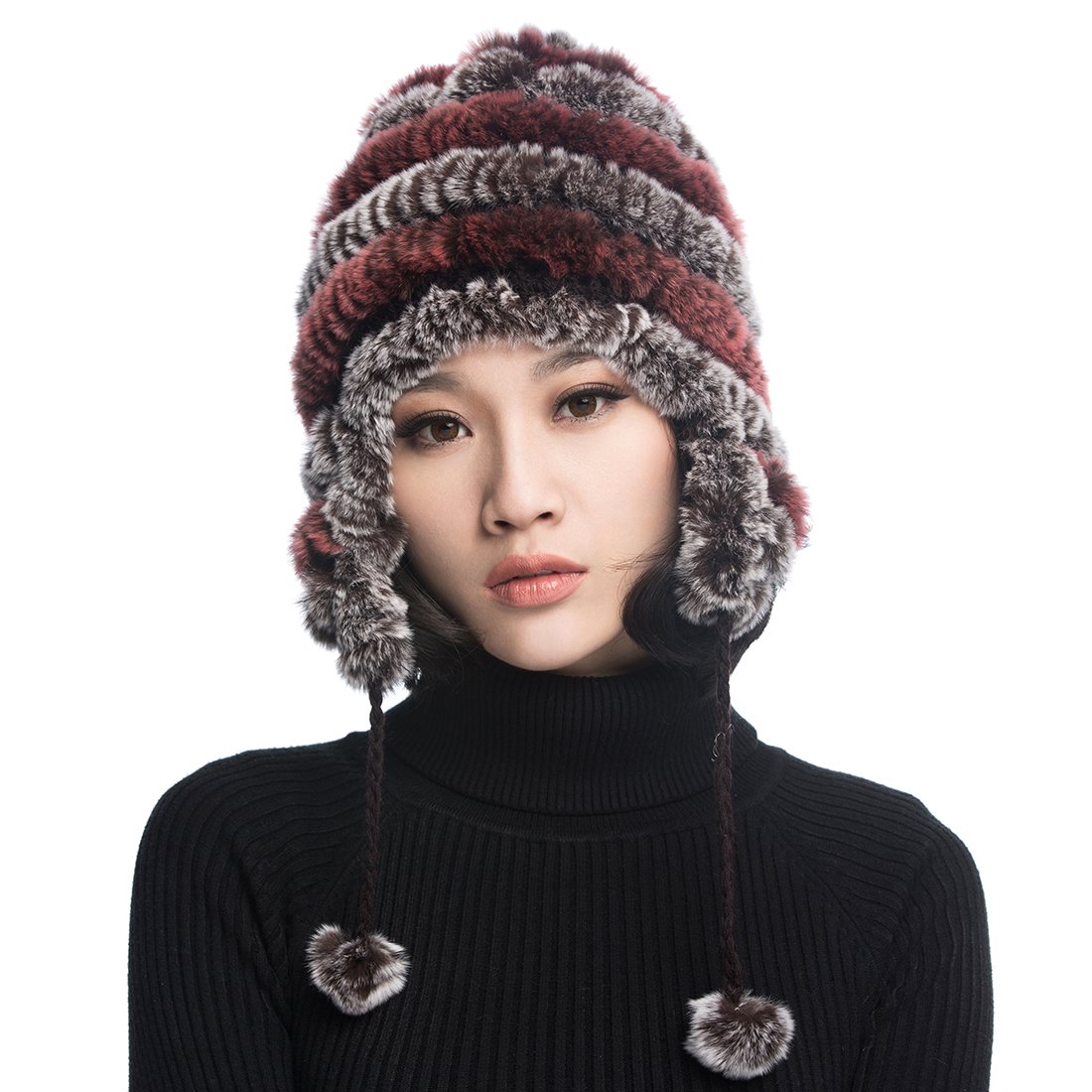 URSFUR Women's Rex Rabbit Fur Hats Winter Ear Cap Flexible Multicolor (Coffee & Pink)