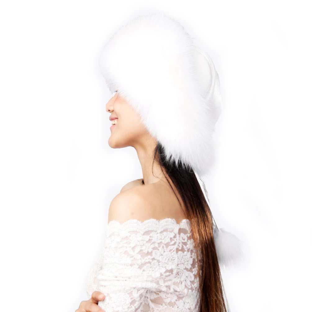 URSFUR Women's Fox Fur Siberian Mongolian Ushanka Trapper Hats (White)