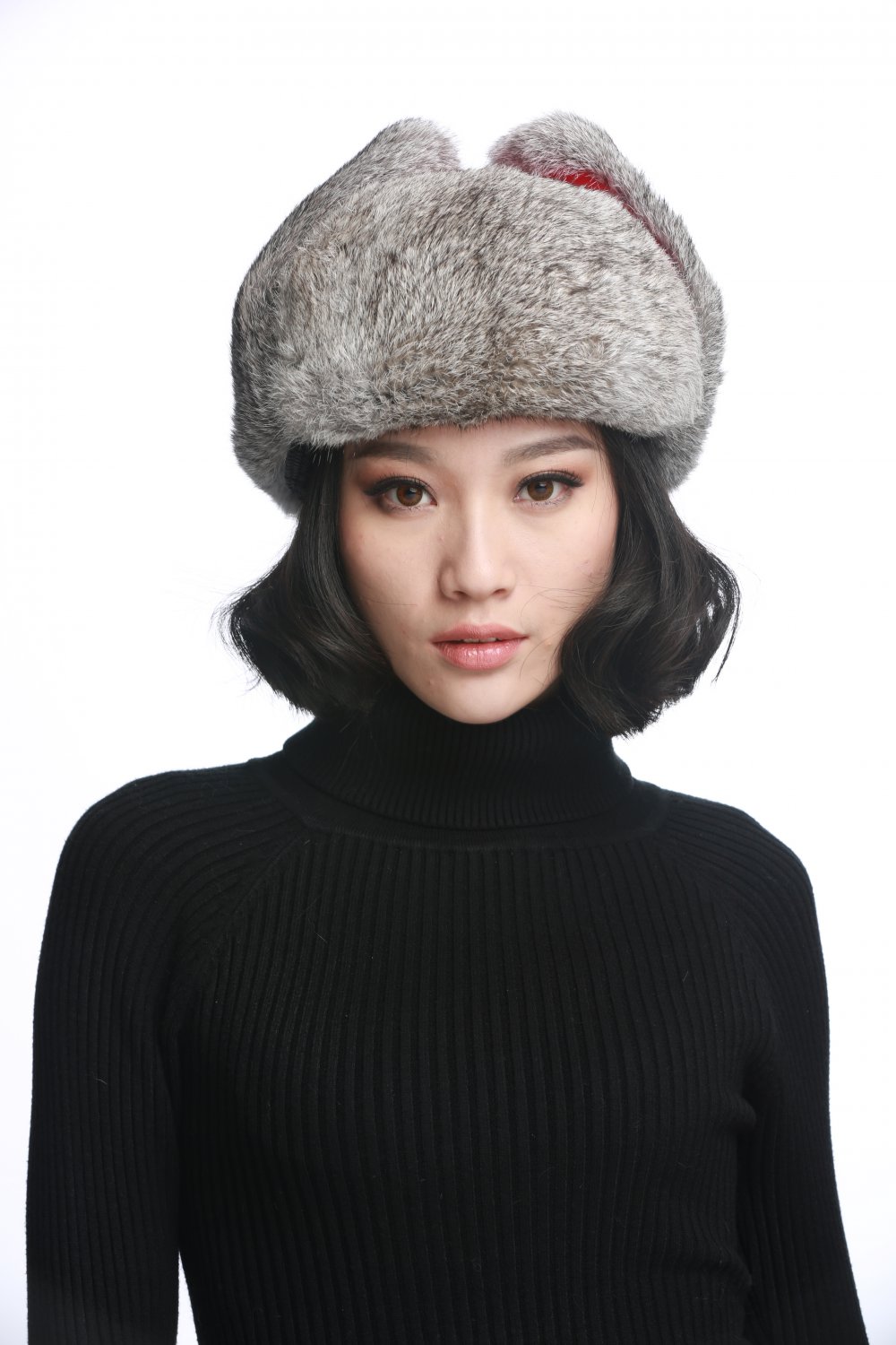 URSFUR Unisex Aviator Hat Winter Russin Trooper Bomber Cap with Grey Rabbit Fur