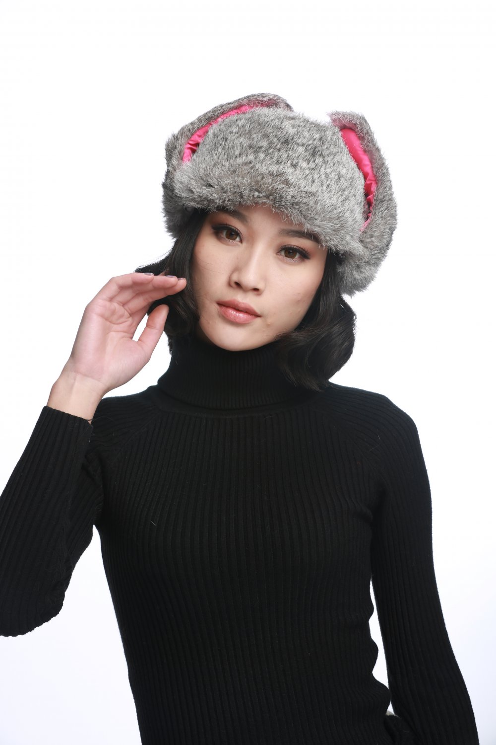 URSFUR Unisex Aviator Hat Winter Russin Trooper Bomber Cap with Grey Rabbit Fur
