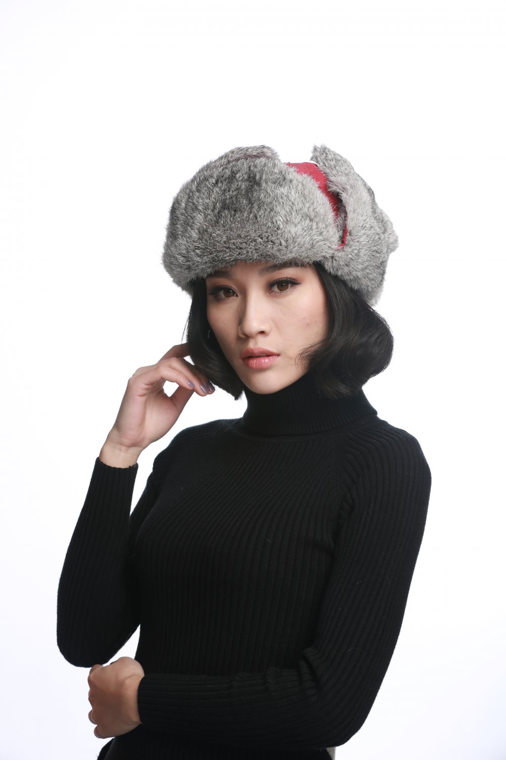 URSFUR Unisex Aviator Hat Winter Russin Trooper Bomber Cap with Grey Rabbit Fur
