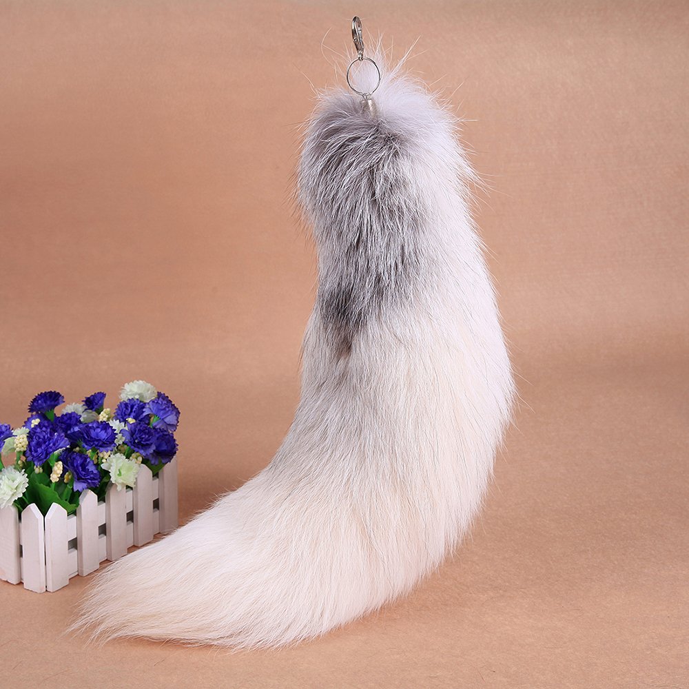 URSFUR 20" Fluffy White Gray Tail Fur Keychain Cosplay Toy Car Bag Charm Tassel Key Chain