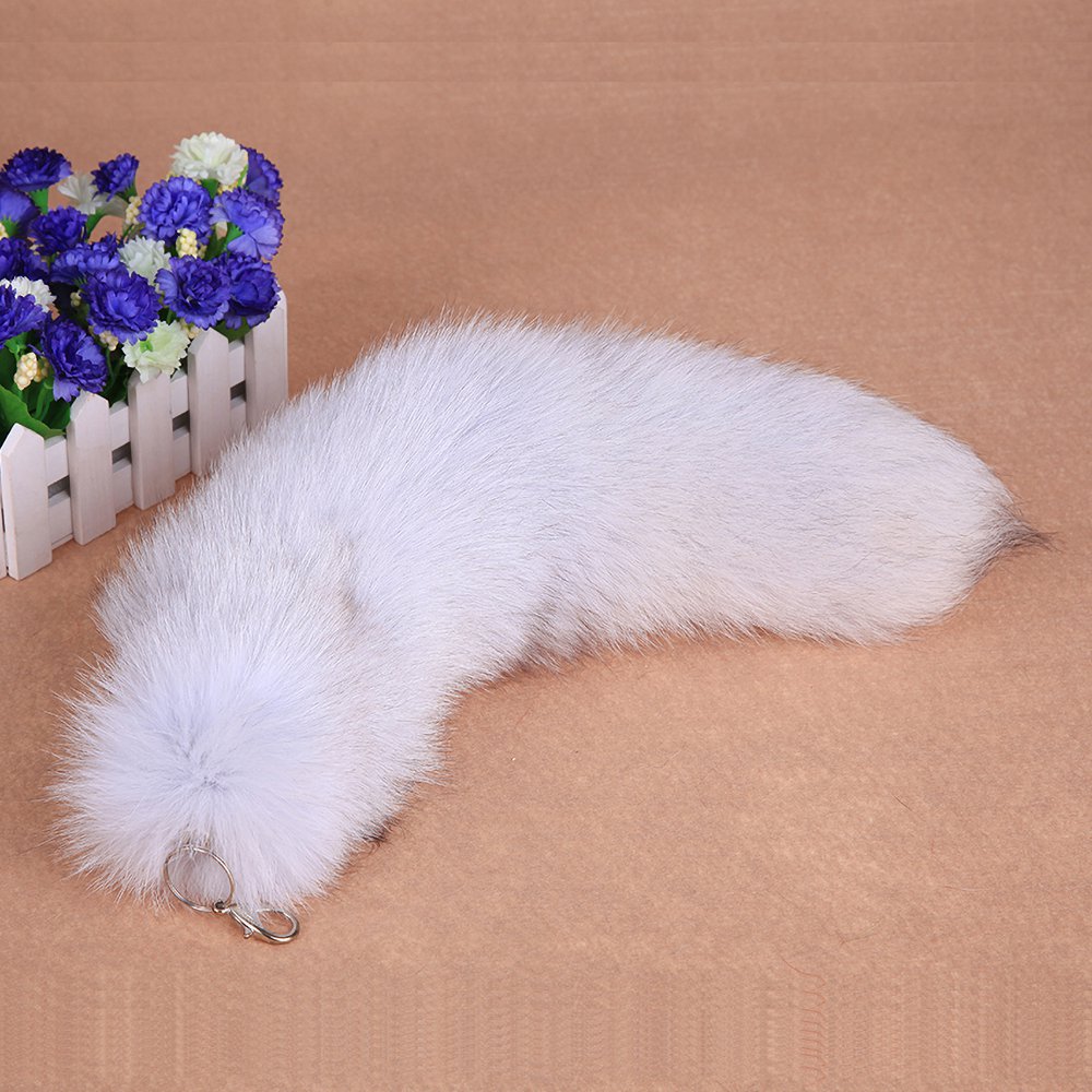 URSFUR Large Blue Fox Fur Tail with Key Chain Keychain Bag Hanging Keyring Gift 14 inches
