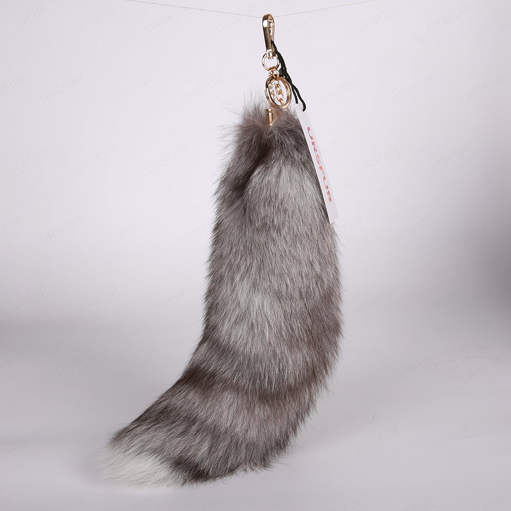 URSFUR Silver Blue Fox Tail Fur Keychain Bag Charm Pendant