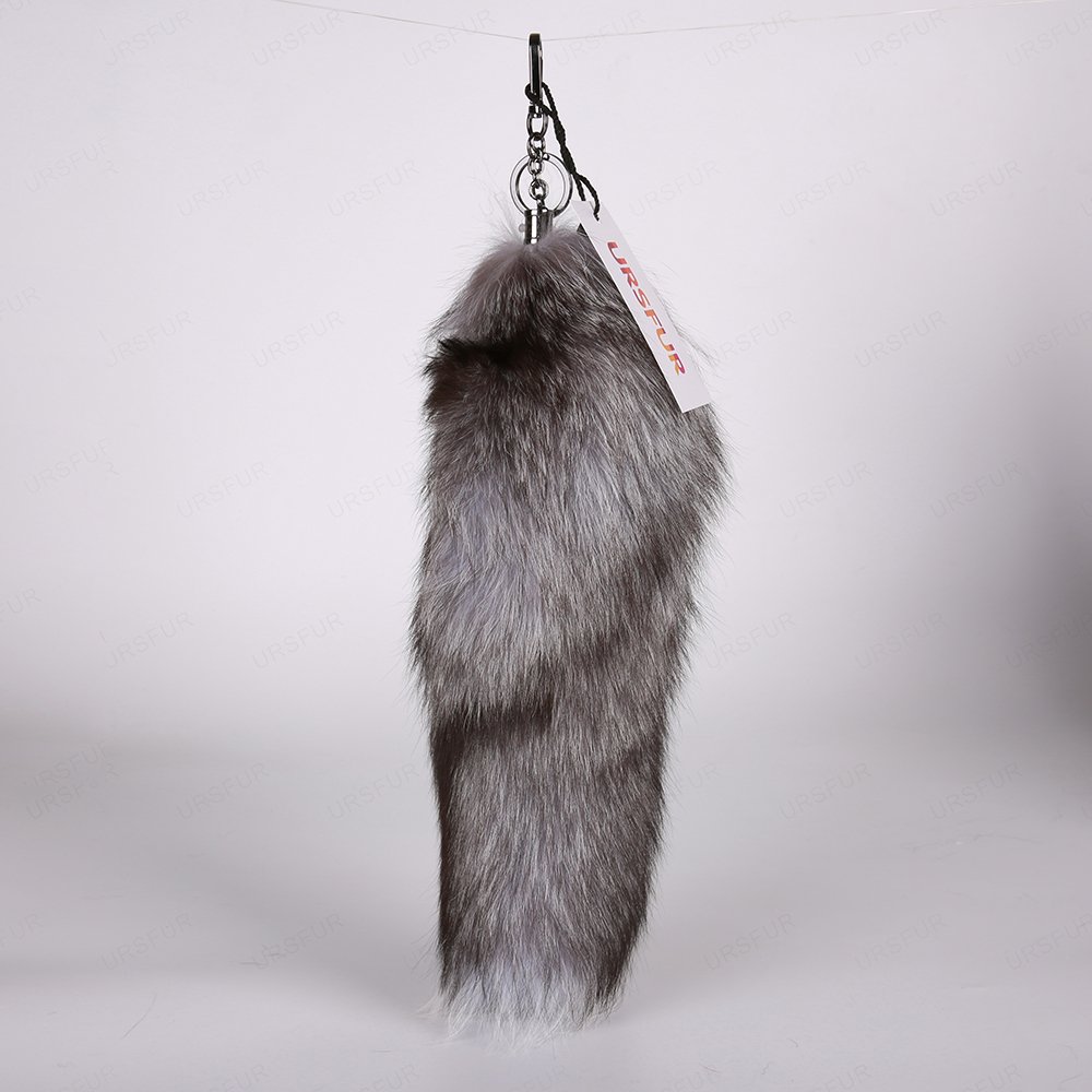 URSFUR Silver Blue Fox Tail Fur Keychain Bag Charm Pendant