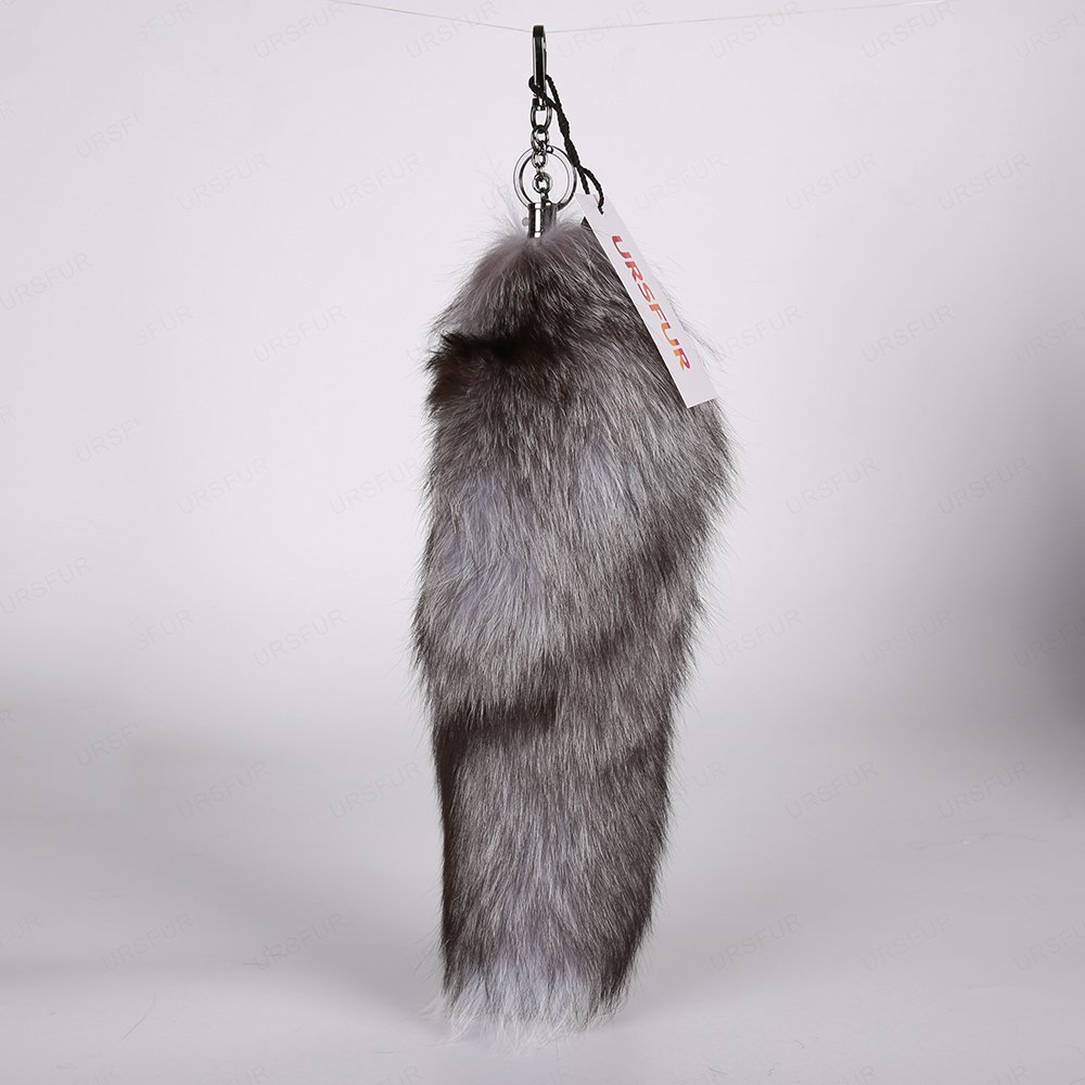 URSFUR Silver Blue Fox Tail Fur Keychain Bag Charm Pendant