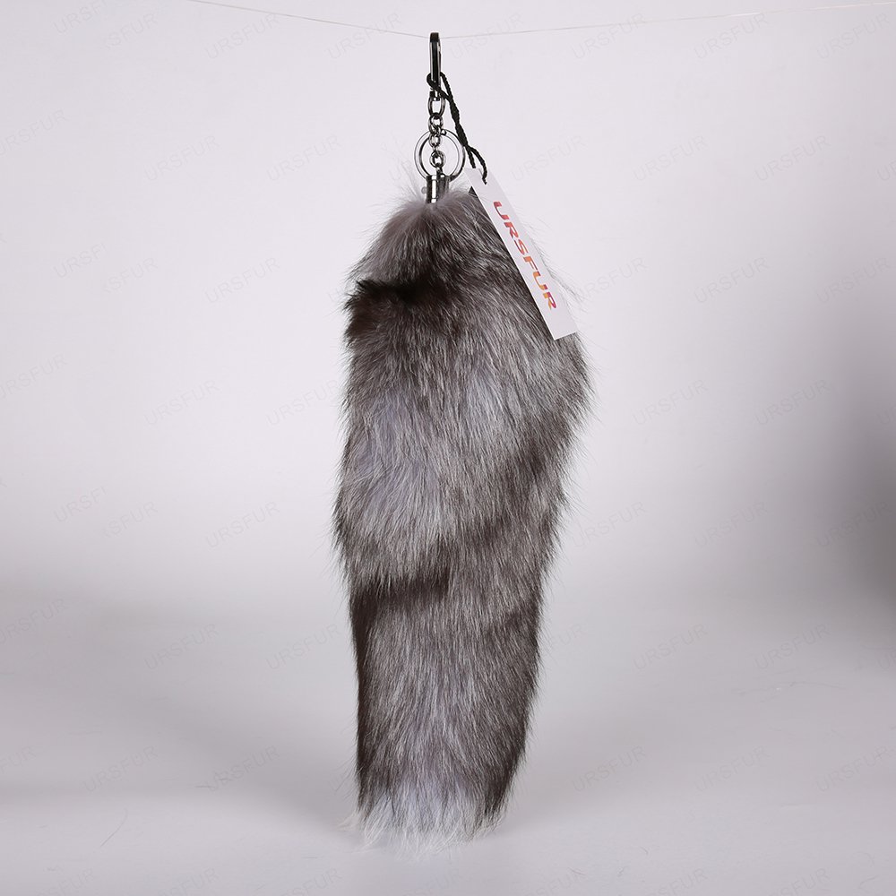 URSFUR Silver Blue Fox Tail Fur Keychain Bag Charm Pendant