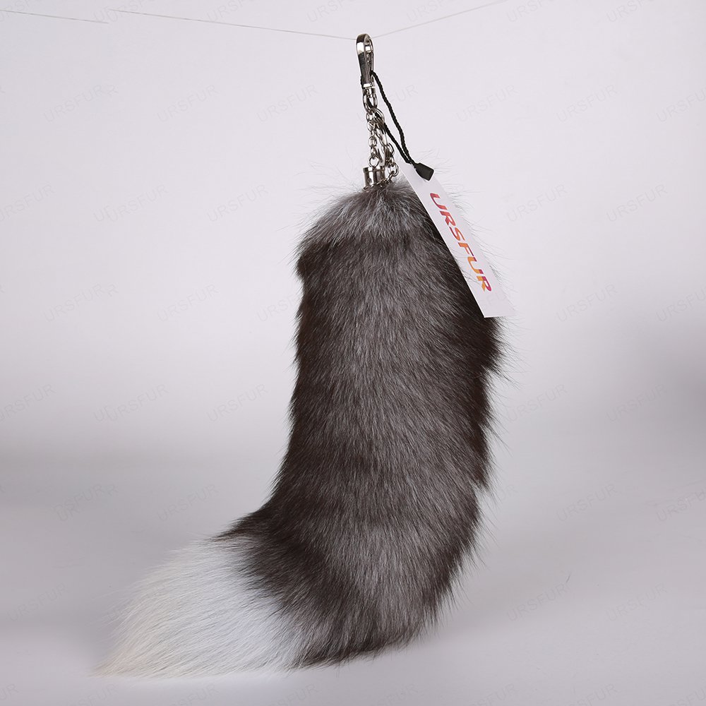 URSFUR Silver Blue Fox Tail Fur Keychain Bag Charm Pendant