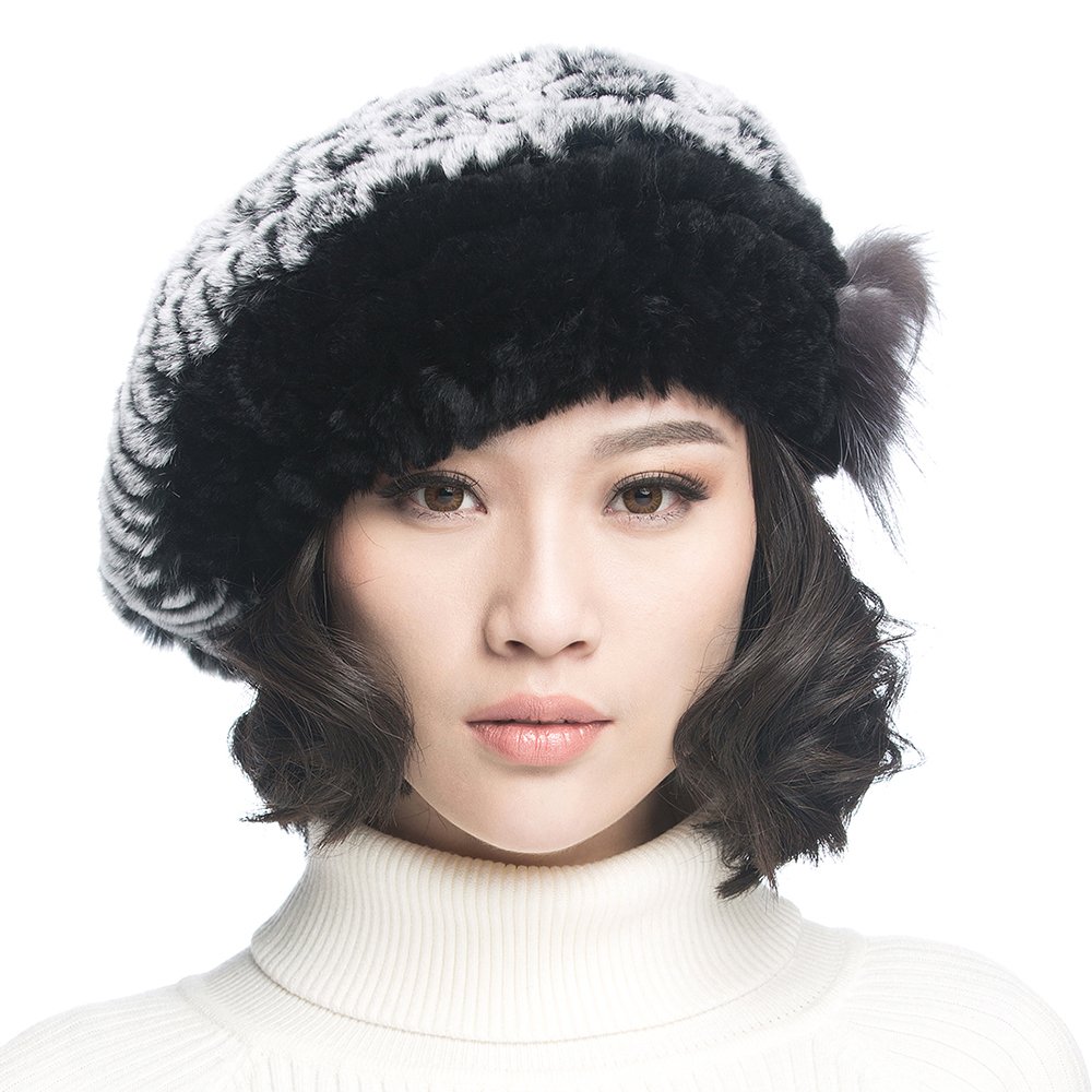 URSFUR Winter Women's Rex Beret Hats with Fur Flower (Coffee & Black)