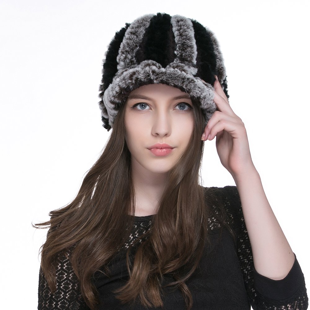 URSFUR Women's Rex Rabbit Fur Peaked Caps Hats Multicolor (Gray & Black)