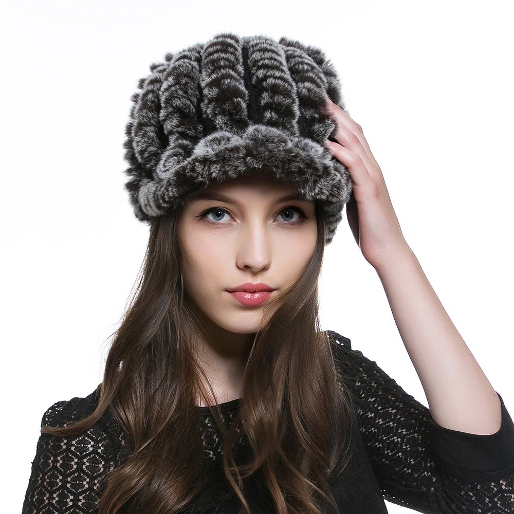 URSFUR Women's Rex Rabbit Fur Peaked Caps Hats Multicolor (Coffee)