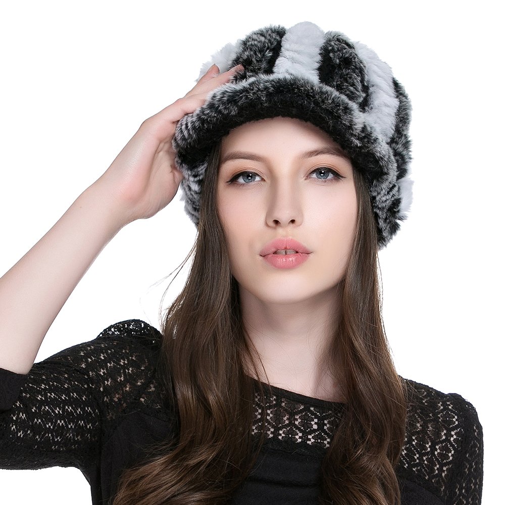 URSFUR Women's Rex Rabbit Fur Peaked Caps Hats Multicolor (Grey & White)