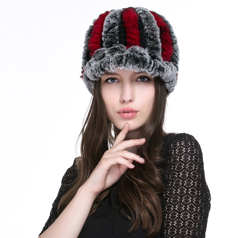 URSFUR Women's Rex Rabbit Fur Peaked Caps Hats Multicolor (Gray & red)