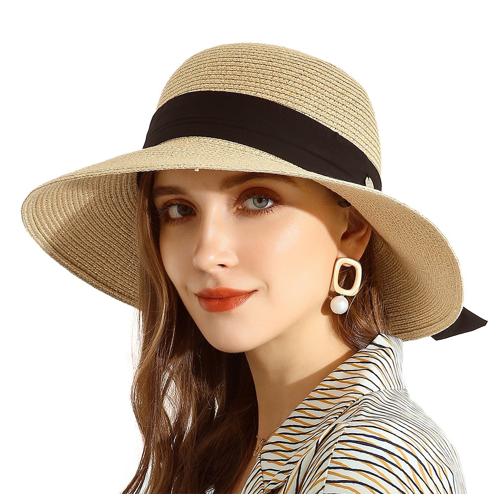 URSFUR Summer Sun Bucket Straw Hats Floppy Belt- Wide Brim Beach Hat UPF 50+ Sun protection Cap