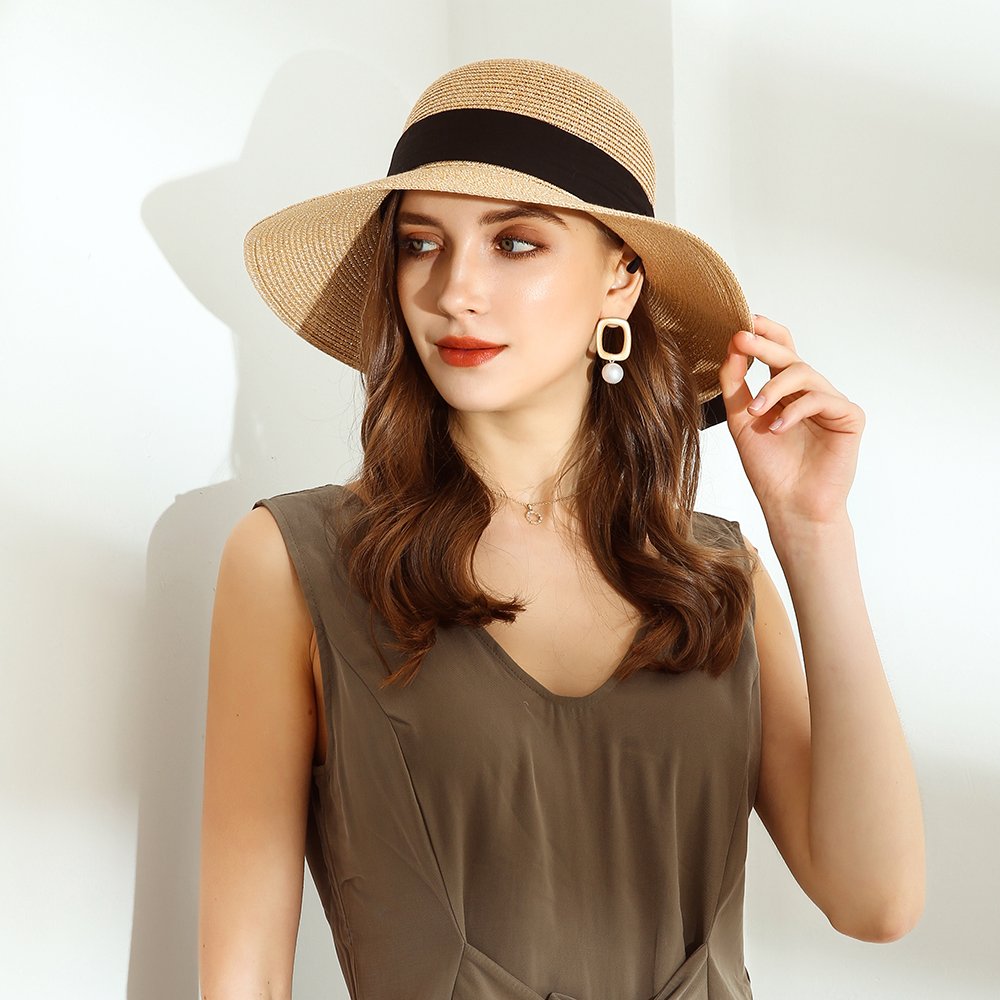 URSFUR Summer Sun Bucket Straw Hats Floppy Belt- Wide Brim Beach Hat UPF 50+ Sun protection Cap