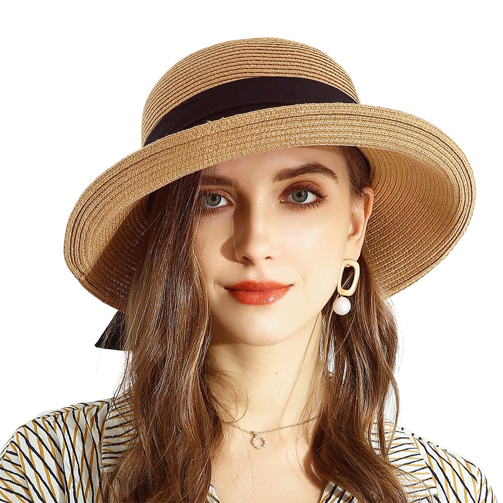 URSFUR Women Sun Bucket Straw Roll up Hat,UPF 50+ Sun Protection Wide Brim Beach Panama Hat Storage