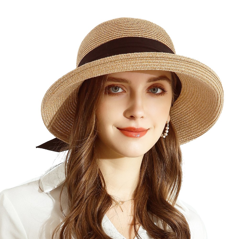 URSFUR Women Sun Bucket Straw Roll up Hat,UPF 50+ Sun Protection Wide Brim Beach Panama Hat Storage